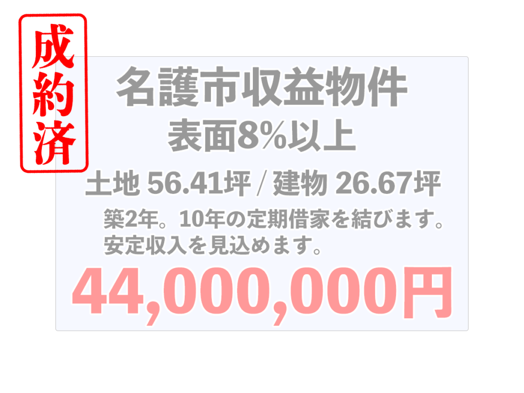 ご成約!!利回り8%以上!!築浅の収益物件!!定期借家10年の安定収入!!